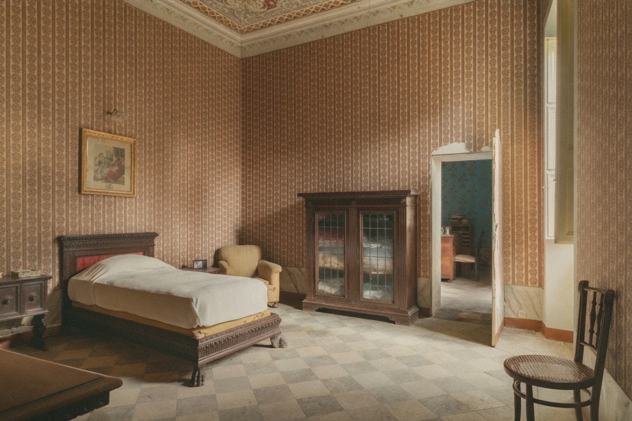 Camera storica del Piano Nobile con carta da parati a righe verticali, letto in legno intagliato, armadio-vetrina in noce e pavimento a scacchi in marmo.