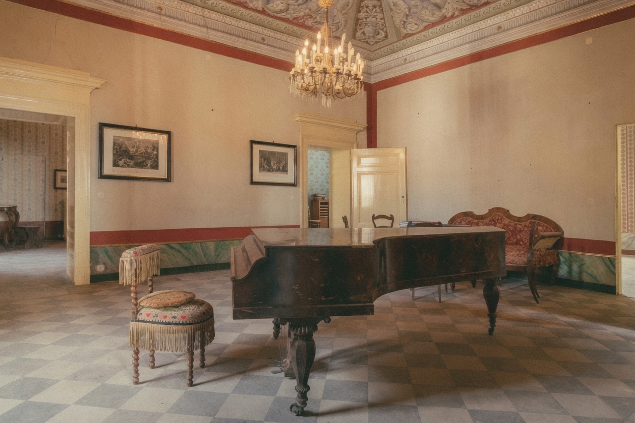 Salone del Piano Nobile con pianoforte a coda al centro, lampadario in cristallo e soffitto a stucchi decorati.