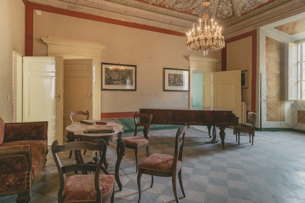 Veduta laterale del salone del Piano Nobile con tavolino tondo, libri, sedie tappezzate e finestra con sguincio in finto marmo.