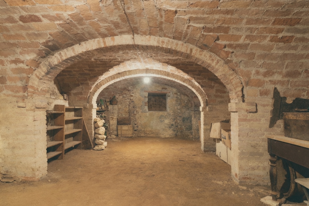 Ambiente sotterraneo con grande volta a botte in mattoni, scaffalature in legno e muro di fondo in pietra grezza.