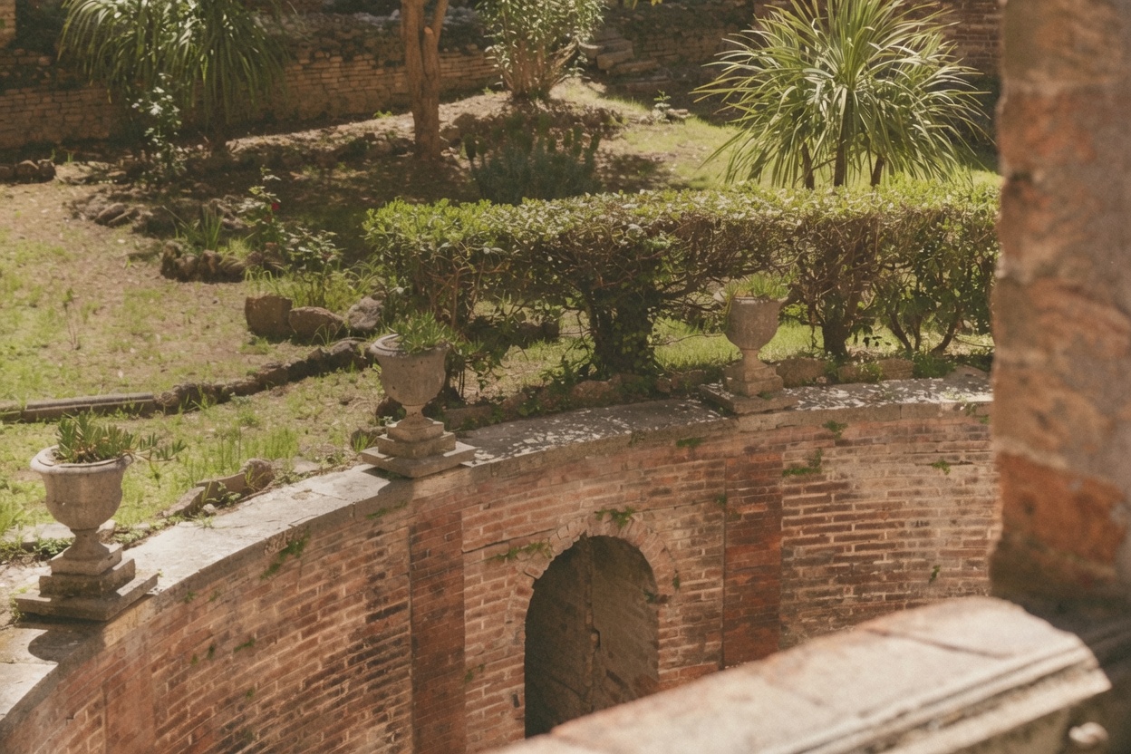 Il giardino retrostante del Palazzo con vasi neoclassici in pietra appoggiati su un muretto curvo in laterizio e vegetazione mediterranea.