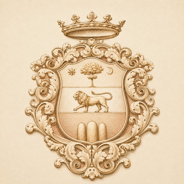 Stemma marchionale della famiglia Bruti Liberati: corona, leone rampante, albero, stella e luna.